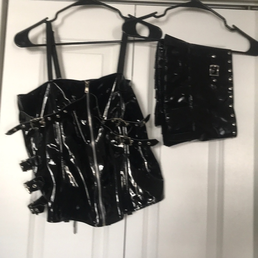 BDSM black polyurethane skirt and corset